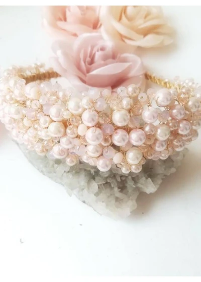 Нежна дизайнерска диадема в розово и прасковено Gold Rose Blush by Rosie